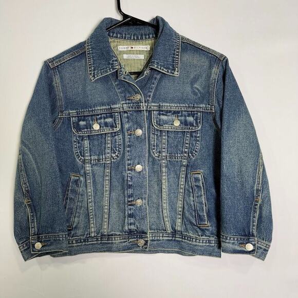 Vintage Tommy Hilfiger Jean Trucker Jacket Women Small Denim Blue Distressed Y2K - Picture 1 of 4